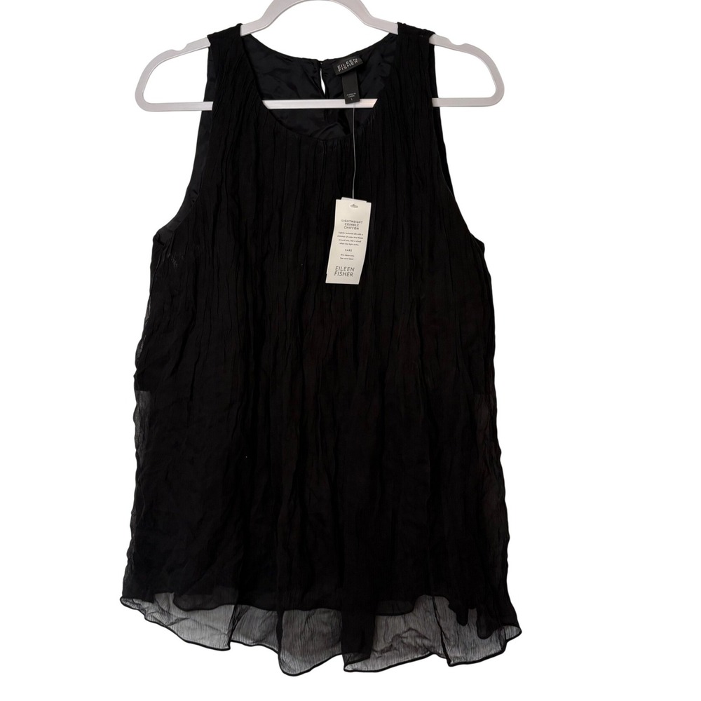 Eileen Fisher Black Crinkle Chiffon Silk‎ Tank Top Blouse L Capsule Goth Corp